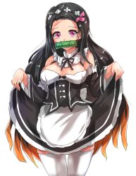 1girls apron bit_gag black_hair breasts demon_slayer detached_collar dkflkkldf dress_lift gag gagged kamado_nezuko kimetsu_no_yaiba long_hair looking_at_viewer maid maid_apron maid_headdress maid_uniform medium_breasts multicolored_hair pink_eyes roswaal_mansion_maid_uniform thighhighs