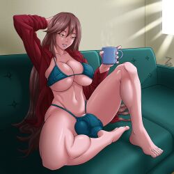 1futa 2022 balls balls_in_panties big_balls big_breasts big_penis bikini breasts brown_hair bulge clothed clothing coffee_cup commission cup erect_nipples flaccid futa_only futanari human light-skinned_futanari light_skin long_hair looking_at_viewer mostly_nude original_character penis penis_in_panties sitting smile smiling sofa solo tora_(raoky) zebas71