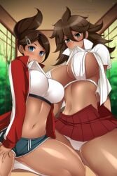 2girls asahina_aoi blue_eyes blush breasts brown_hair danganronpa danganronpa:_trigger_happy_havoc danganronpa_2:_goodbye_despair dolphin_shorts female female_only green_eyes hair_between_eyes hair_ornament hairclip human jacket large_breasts lindaroze looking_at_viewer midriff multiple_girls navel owari_akane patreon_username pleated_skirt red_jacket red_skirt shiny shiny_hair shiny_skin shirt short_shorts shorts skirt straight_hair tomboy track_jacket twitter_username two_tone_bottomwear two_tone_bottomwear_(blueandwhite) white_shirt