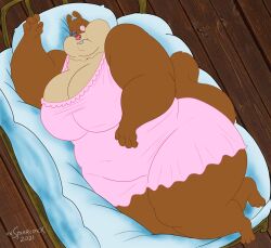 1girls anthro ass belly bloodshot_eyes breast brown_fur brown_hair chubby chubby_female cleavage female female_focus female_only furry hibernation_sandy in_bed large_ass large_breasts nickelodeon nightgown obese one_eye_closed sandy_cheeks smooth_skin spongebob_squarepants squirrel stomach thick_thighs thighs xxsparcoxx