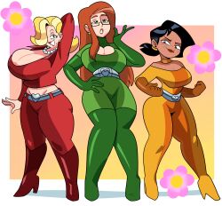 2022 3girls abstract_background absurd_res aged_up alex_(totally_spies) armpits beauty_mark big_breasts black_hair blonde_hair blue_eyes bodysuit boob_window breasts brown_eyes busty cleavage clover_(totally_spies) curvaceous curvy curvy_body curvy_female curvy_figure dark-skinned_female dark_skin digital_drawing_(artwork) digital_media_(artwork) ear_ring earrings female female_focus female_only fingers freckles glasses gloves green_eyes hair_over_eye hair_over_one_eye hair_tie hand_on_hip hand_on_own_hip hi_res high_heels hourglass_figure huge_breasts large_breasts light-skinned_female light_skin long_hair looking_at_viewer mature mature_female midriff midriff_baring_shirt milf mole mole_(marking) necklace orange_hair png sam_(totally_spies) short_hair simple_background superspoe thick_thighs thigh_highs thighhighs totally_spies trio voluptuous wide_hips