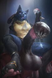 1boy 2022 4_toes absurd_res animal_genitalia animal_penis anthro balls big_balls big_penis black_balls bodily_fluids claws equine_penis erection feet generation_4_pokemon genital_fluids genitals hi_res holding_object holding_pokéball huge_balls huge_cock lucario male male_only nintendo penis pokeball pokemon pokemon_(species) precum solo spectrumshift spread_legs spreading toe_claws toes video_games