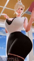 1girls 3d angela_ziegler blizzard_entertainment blonde_hair boss breast_focus cleavage highres huge_breasts makeup mercy overwatch sampples teacher