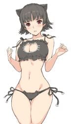 1girls black_bra black_hair black_lingerie black_panties bra breasts cat_ears cat_keyhole_bra cat_keyhole_lingerie cat_lingerie lingerie looking_at_viewer makoto_niijima medium_breasts morisawa_haruyuki navel panties persona persona_5 red_eyes short_hair side-tie_panties