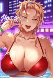 big_breasts bikini cleavage daraz18aka female female_focus female_only highschool_of_the_dead hotd large_breasts looking_at_viewer orange_hair partially_submerged peace_sign pool red_bikini smiling_at_viewer v_sign wet wet_skin yellow_eyes yuuki_miku