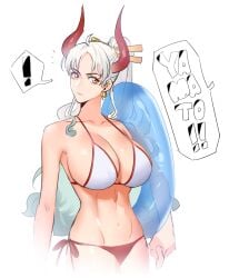 1girls big_breasts bikini blue_hair breasts brown_eyes cleavage clothed clothing curvy ear_piercing earrings female female_focus female_only gradient_hair hi_res highres hoop_earrings horned_humanoid horns huge_breasts humanoid light-skinned_female light_skin long_hair multicolored_hair navel one_piece oni oni_horns raine_(acke2445) red_eyes revealing_clothes sideboob simple_background solo solo_female two_tone_hair white_hair wide_hips yamato_(one_piece) youkai