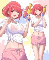 1girls ;d absurdres bangs bikini breasts chest_jewel cute drop_earrings earrings highres holding holding_water_gun jewelry large_breasts looking_at_viewer multiple_views navel nintendo one_eye_closed open_mouth pyra red_bikini red_eyes red_hair ryochan96154 see-through shirt short_shorts short_sleeves shorts smile swept_bangs swimsuit tied_shirt twitter_username water_gun wet wet_clothes white_shirt xenoblade_chronicles_(series) xenoblade_chronicles_2