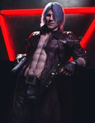 1boy 3d belt bettybattaglia chest_hair clothed dante devil_may_cry devil_may_cry_5 exposed_torso gloves gun leather_jacket male male_focus male_only solo solo_focus solo_male white_hair