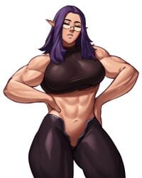 1girls absurd_res big_breasts closed_eyes commission elezen female female_only final_fantasy final_fantasy_xiv glasses hands_on_hips long_hair mole mole_under_mouth muscles muscular muscular_female muscular_thighs pointy_ears purple_hair solo solo_female sotcho white_background