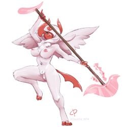 1girls absol absurd_res action_pose anthro breasts cloudyday female generation_3_pokemon genitals hi_res horn mega_absol mega_evolution navel navel_piercing nintendo nipples nude piercing pokemon pokemon_(species) pose pussy rose_duskclaw shiny_pokemon staff video_games weapon wings