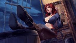 1girls absurd_res alcohol belt big_breasts blue_eyes boots breasts choker cleavage crop_top detailed_background drinking holymeh looking_at_viewer midriff open_mouth pants piercing red_hair ship solo_female thick_thighs wallpaper