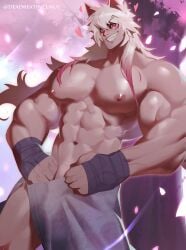 animal_ears bara big_pecs deadbeatincubus gloves gradient_hair grin league_of_legends long_hair long_hair_male looking_at_viewer male male_only muscular muscular_male pink_eyes sett sharp_teeth smile solo spirit_blossom_series spirit_blossom_sett topless topless_male towel towel_around_waist two_tone_hair whisker_markings white_hair