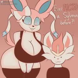 anthro ass bent_over big_breasts big_butt breasts cinderace cleavage clothed clothing dialogue duo eeveelution euphorica female generation_6_pokemon generation_8_pokemon hi_res legwear male male/female nintendo pokemon pokemon_(species) raised_tail scared sylveon thigh_highs video_games