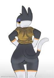 animal_crossing anthro ass biped black_body bottomless clothed clothing clothing_lift domestic_cat felid feline felis fur furry furry_only half-closed_eyes hi_res looking_at_viewer looking_back looking_back_at_viewer male male_only mammal narrowed_eyes nintendo partially_clothed punchy_(animal_crossing) rear_view shirt shirt_lift simple_background sincastermon solo tail text topwear url video_games whiskers white_background white_body