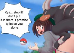 1boy 1girls ambiguous_penetration blush bottomless brown_eyes brown_hair clothed_female clothed_sex cropped_image dialogue english_text female female_human/male_feral female_on_feral game_freak gloria_(pokemon) hat horns houndoom imminent_bestiality imminent_rape implied_sex interspecies jona_kazuo jonakazuo light_skin male_pokemon male_pokemon/female_human nintendo panties_down pokémon_(species) poke_ball pokemon pokemon_(game) pokemon_ss pokephilia short_hair skirt speech_bubble surprised text thick_thighs thighs zoophilia