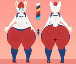 anthro ass big_breasts big_butt blue_eyes bottomwear breasts cinderace clothing featureless_breasts female generation_8_pokemon hand_on_hip hi_res huge_butt huge_hips huge_thighs kkoart looking_at_viewer model_sheet navel nintendo no_nipples pants pokemon pokemon_(species) pupils smile solo thick_thighs video_games white_body white_pupils wide_hips