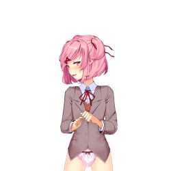 1boy arms_up blush bulge crossdressing crossdressing_male doki_doki_literature_club edited_sprite femboy looking_to_the_side male male_only natsuki_(doki_doki_literature_club) no_skirt open_mouth panties pink_eyes pink_hair pink_panties reitanna-seishin school_uniform solo sprite sprite_edit sweat sweatdrop transparent_background trap trapsuki uniform