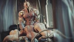 atreus_(league_of_legends) bara big_muscles helmet league_of_legends muscles nude pantheon size_difference twink