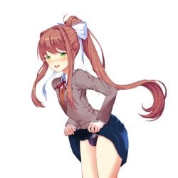 1boy blue_skirt blush bow brown_hair bulge crossdressing crossdressing_male doki_doki_literature_club femboy fully_clothed grabbing_skirt green_eyes holding_skirt lifting_skirt long_hair looking_at_viewer male monika_(doki_doki_literature_club) open_mouth panties panties_visible ponytail purple_panties reitanna-seishin rule_63 school_uniform seductive seductive_eyes seductive_gaze seductive_look seductive_smile skirt skirt_lift skirt_lifted_by_self solo sprite transparent_background trap uniform white_bow