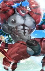 2022 abs anthro arcanine beach biceps blush cum cumming digital_media_(artwork) furry gay hyper hyper_balls hyper_genitalia hyper_penis hyper_testicles incineroar magangz male male_focus male_only muscle muscles muscular muscular_arms muscular_ass muscular_back muscular_legs muscular_male muscular_thighs nintendo nipples ocean palm_tree pecs pokémon_(species) pokemon pokemon_(species) speedo tentacle veins veiny_penis water wet