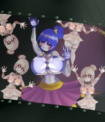 ballora ballora_(fnafsl) big_breasts biting_lip black_sclera blue_hair blush clothed clothed_female earrings five_nights_at_freddy's five_nights_at_freddy's:_sister_location five_nights_in_anime full_comfort gloves hair_bun large_breasts minireena multiple_girls pink_eyes pressing_breasts sister_location skirt tagme_(artist)