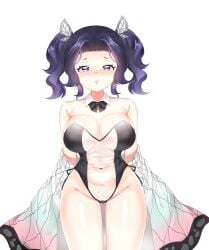 1ien big_breasts blush bowtie bunnysuit butterfly_hair_ornament cleavage dark_hair demon_slayer detached_collar female female_only haori kimetsu_no_yaiba kochou_shinobu leotard looking_at_viewer off_shoulder purple_eyes purple_hair see-through_clothing solo transparent_bunnysuit twintails wavy_hair wide_hips