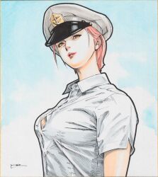 1girls brown_eyes buttoned_shirt earth_federation female gundam izayoi_seishin kazuhiro_ikeda large_breasts looking_at_viewer m_yama_3 matilda_ajan mobile_suit_gundam officer_hat older_female pale-skinned_female pale_skin peaked_cap plain_background red_hair red_lipstick straining_buttons toweling3 white_shirt