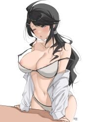 ;o absurdres arm_support artist_name bangs black_hair blush bra breasts byeon_dha clothed_masturbation collarbone crotch_rub dress_shirt eyes_visible_through_hair female female_masturbation grey_eyes hair_ornament hair_tie hairclip highres ibu_wulan large_breasts long_hair long_sleeves low_ponytail masturbation masturbation_through_clothes mature_female mole mole_under_mouth navel nipple_slip nipples off_shoulder one_eye_closed open_clothes open_shirt original panties ponytail pussy_juice shirt solo stomach swept_bangs table table_humping underwear white_background white_bra white_panties white_shirt