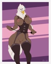 2d_animation animated anthro avian bald_eagle beak bouncing_breasts breasts clothing corset feathers female furry goolee legwear lingerie nipple_piercing nipples non-mammal_breasts non-mammal_nipples piercing riding_crop short_playtime simple_background smile solo thick_thighs topwear whip white_body white_feathers