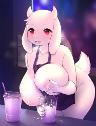 1girls 2d anthro apron big_breasts crunchobar female female_only fur furry furry_only grabbing_own_breast huge_breasts lactating lactation mature_female milf milk milking nipples red_eyes solo squeezing squeezing_breast squirting squirting_milk toriel undertale undertale_(series) white_fur