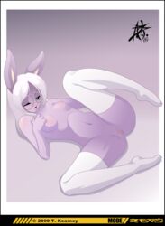 2009 anthro blush breasts female fur furry glasses gradient_background hair lagomorph lilith_(rabbit) long_hair navel nipples nude on_back one_closed_eye open_mouth purple pussy rabbit small_breasts solo stockings travarisrhade white_hair