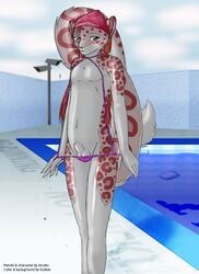 accelo accelo_(character) balls bandana bikini blush color crossdressing cute ezalias feline furry girly hair heterochromia looking_at_viewer male male_only pool red_hair sheath skimpy snow_leopard solo standing tail undressing