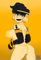 1female 1girls arm_sleeves black_hair black_lipstick blush blush_lines dopeisnukat female female_focus female_only gold_bikini gold_bikini_bottom gold_bikini_top gold_bracelet goldie_(dopeisnukat) green_eyes headband light-skinned_female light_skin original original_character short_hair solo solo_female solo_focus tattoo tattoos