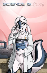 2008 anthro books bottomless brian_mcpherson female fur furry glasses lab_coat labcoat open_clothes open_shirt pen pen_in_mouth science scientist shirt skunk skunk_girl solo vicki