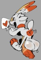 ass bakenek0o balls ballsack buck_tooth bunny bunny_boy bunny_ears bunny_tail cock happy heart large_cock large_penis looking_at_viewer looking_back_at_viewer male male_only nekodata penis pokemon pokemon_(species) scorbunny small_male white_body