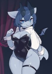 1girls 2025 ;3 adorable anthro blue_body blue_eyes blue_hair blush blush_lines bunnysuit cute_fangs dragon dragon_girl dragon_horns dragon_tail eyelashes female female_only furry furry_only hand_behind_head horns litee medium_breasts membranous_wings navel tail vertical_pupils wings