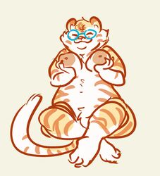 anthro areola breast_fondling breasts claws closed_eyes crossed_legs eyewear feline female fondling fur glasses mammal navel nipples nude obese orange_fur overweight plain_background pubes qorm sitting smile solo stripes tiger tuft white_fur