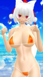 2025 3d beach big_breast bikini blue_sky blushing_at_viewer breast clavicle cleavage clouds hat hati_yukkuri_mmd headwear hips kemonomimi light-skinned_female looking_at_viewer mmd momiji_inubashiri navel open_mouth orange_bikini red-eyed_female short-haired_female sky smiling_at_viewer swimsuit tengu touhou waist water white_hair_female youkai