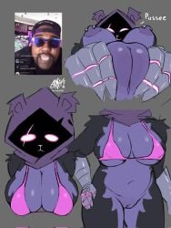 anthro bear bear_ears bikini black_fur bottomless breasts epic_games fat_mons fortnite glowing_eyes hood hood_up kanye_east large_breasts nipple_piercing nipples pink_bikini puffy_pussy purple_fur pussy pussy_squeeze raven_team_leader sanygtr scar_across_eye scar_on_face