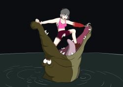 bare_arms bare_legs black_eyes black_hair blush boots bra bra_visible_through_clothes captain_hook captain_hook_(cosplay) comeuppance crocodile damsel_in_distress disney disney_villains embarrassed embarrassed_underwear_female feet genderswap_(mtf) hook_hand medium_hair panties panties_visible_through_clothing peril peter_pan_(disney) pirate pirate_girl rule_63 tick-tock toes topperowo torn_clothes torn_pants torn_shirt villainess vore water
