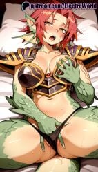 1girls 2025 ai_generated artist_name bed bed_sheet big_breasts big_breasts big_chest black_panties blush breasts breasts breasts bust busty chest dragon_girl dragon_tail electroworld female granberia hi_res high_quality high_resolution highres large_breasts laying_down lying lying_on_back mon-musu_quest! monster_girl monster_girl_quest navel on_back on_bed open_mouth panties patreon patreon_username pillow pussy_juice red_hair solo stable_diffusion sweat tattoo underwear watermark