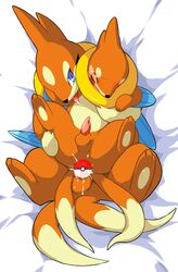 anal anal_sex balls bed blue_eyes blush buizel censored closed_eyes cum dakimakura floatzel from_behind furry male multiple_tails on_back orange penetration penis pokemon tail wkar yaoi