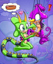 ! anthro balls barefoot bondage bound breasts captricosakara chameleon emerald_the_iguana espio_the_chameleon feet female food funny green_skin heart horn horns hot_dog humanoid_feet iguana interspecies lizard male mobian_(species) naked nude o_0 penis penis_hot_dog purple_skin reptile scalie sega soles sonic_(series) sonic_fan_characters sonic_oc sonic_team sonic_the_hedgehog_(series) tagme tail thought_bubble toes tongue uhoh what