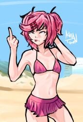 1girls angry angry_face annoyed annoyed_expression beach bikini doki_doki_literature_club female female flipping_the_bird looking_off_screen middle_finger natsuki_(doki_doki_literature_club) outdoors outside pink_bikini pink_bottomwear pink_bra pink_eyes pink_hair pink_skirt ribbon ribs signature skinny skirt slightly_annoyed small_breasts smaller_female sticking_out_tongue tounge_out visual_novel young