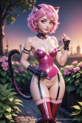 1girls ai_generated animal_ear_fluff animal_ears arm_strap artist_name bare_shoulders black_gloves blurry blurry_background breasts bustier cat_ears cat_girl cat_tail corset detached_collar earrings female fingerless_gloves flower garter_straps gloves hi_res ichigo_momomiya jewelry latex lips looking_at_viewer medium_breasts mew_ichigo outdoors pink_eyes pink_flower pink_hair plant progenarts pussy shiny_clothes short_hair smile solo standing tail thighhighs tokyo_mew_mew uncensored