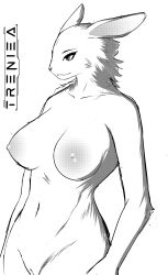 absurd_res anthro breasts female hi_res lagomorph leporid long_ears looking_at_another mammal neck_tuft nipples nude rabbit screentone small_nose solo treniea tuft