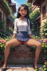 1girls :d ai_generated artist_name asymmetrical_bangs bare_legs black_footwear black_hair blue_skirt breasts brown_eyes building cameltoe dark-skinned_female dark_skin day dress_shirt earclip fangs flower full_body hair_ornament hairclip hayase_nagatoro hi_res loafers long_hair looking_at_viewer nagatoro_hayase no_socks open_mouth outdoors panties pantyshot patreon_logo patreon_username plant please_don't_bully_me,_nagatoro pleated_skirt progenarts red_panties school_uniform shirt shoes sitting skirt sky smile solo spread_legs tan teeth underwear web_address white_shirt
