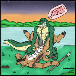 2007 aaron_(artist) alligator anal anal_sex antelope balls closed_eyes cum cum_inside cumshot erection fangs gator gay gazelle green_eyes hooves horns male muscles necklace nude on_back orgasm penetration penis reptile scalie sex sitting spread_legs spreading tail