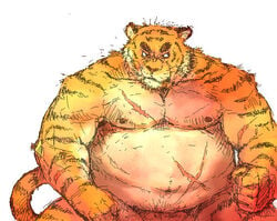 1boy anthro chubby fat feline fur furry gamma-g male male_only morbidly_obese muscles nude scar solo tiger