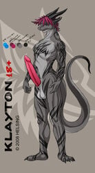 1boy balls blue_eyes claws draeth dragon erection helsing horns klayton male male_only markings muscles nude penis pointy_ears presenting scalie solo standing tail